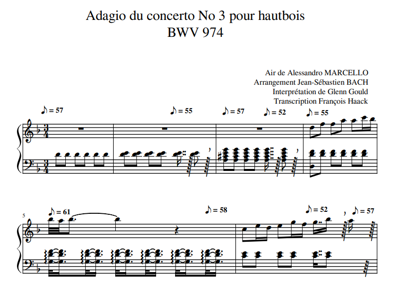 Adagio du concerto No 3 pour hautbois BWV 974 for piano